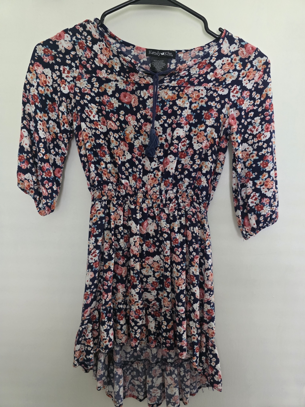 Kandy Kiss Floral High Low Dress Size 7 Navy Boho Smocked Tassel Tie